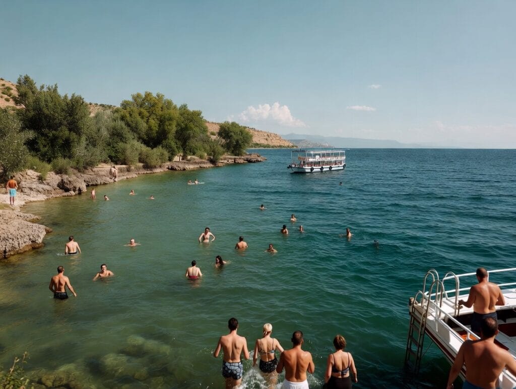 Swimming break during Side boat tour where Manavgat River meets the Mediterranean Sea