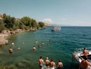 Swimming break during Side boat tour where Manavgat River meets the Mediterranean Sea