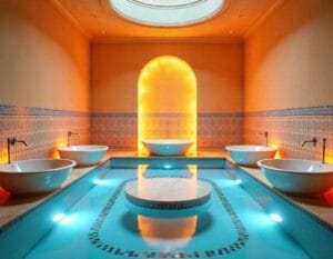 Traditional Side Turkish Bath Hammam interior with steam and warm marble stone ritual room