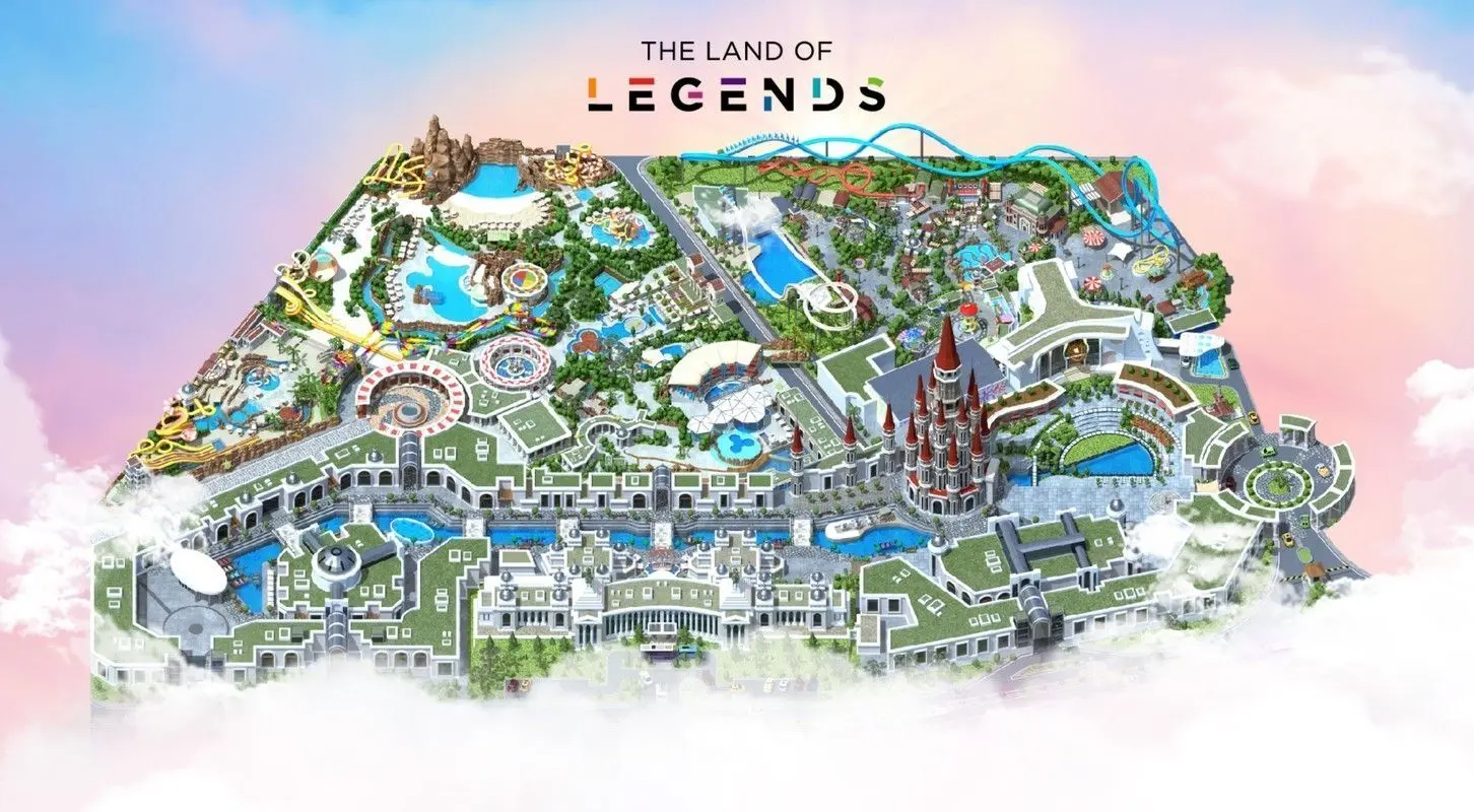 Land of Legends theme park with water slides and family rides for kids from Side