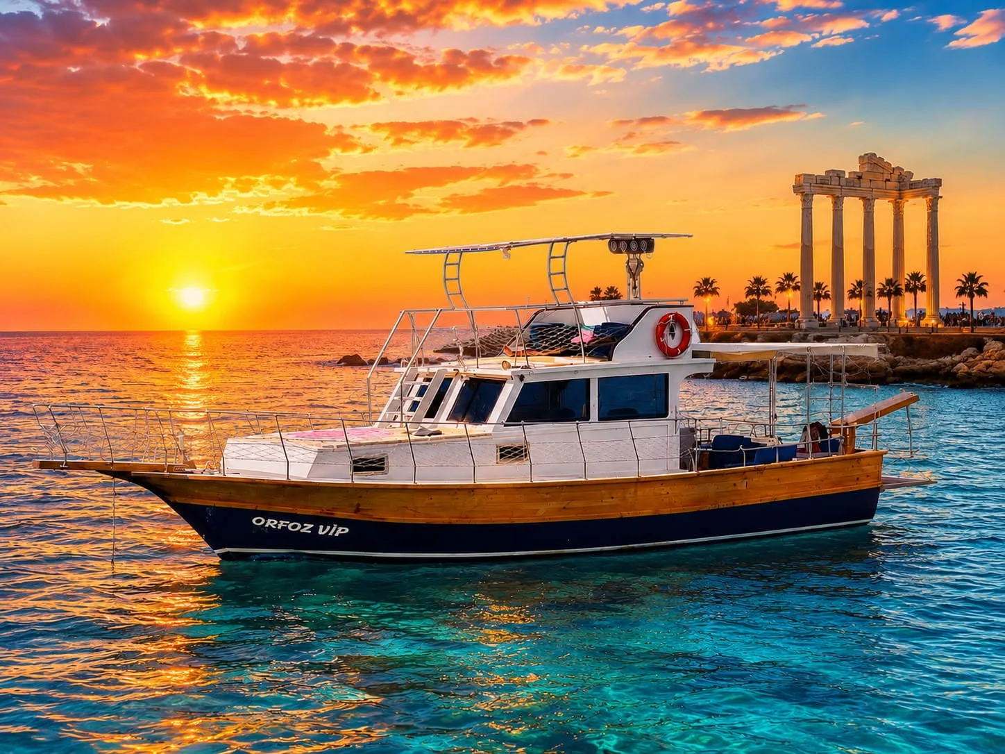 Luxury yacht near the Temple of Apollo at sunset in Side, Antalya, Turkey