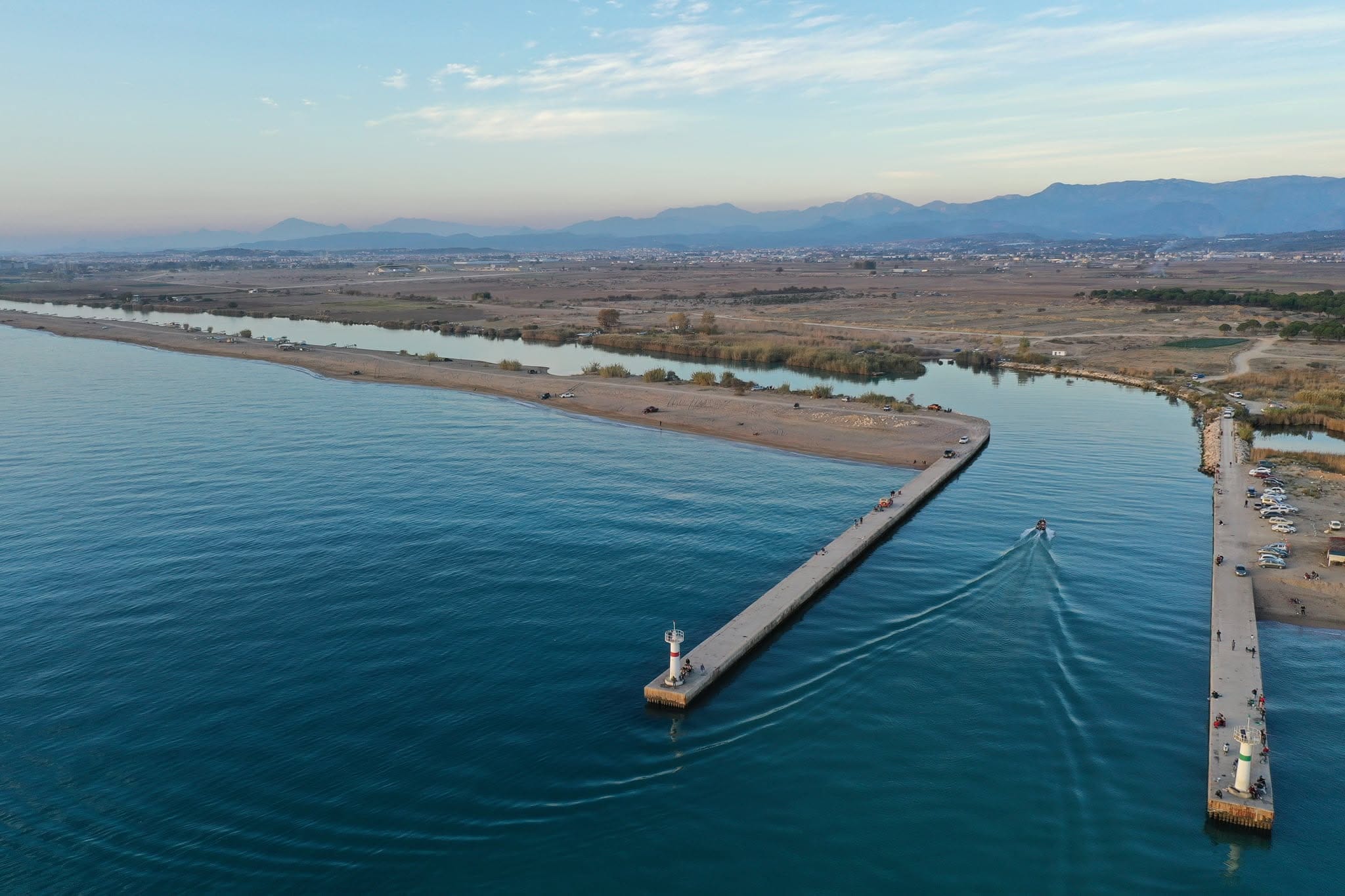 The Manavgat River mouth where fresh river water meets the Mediterranean Sea near Side, Turkey