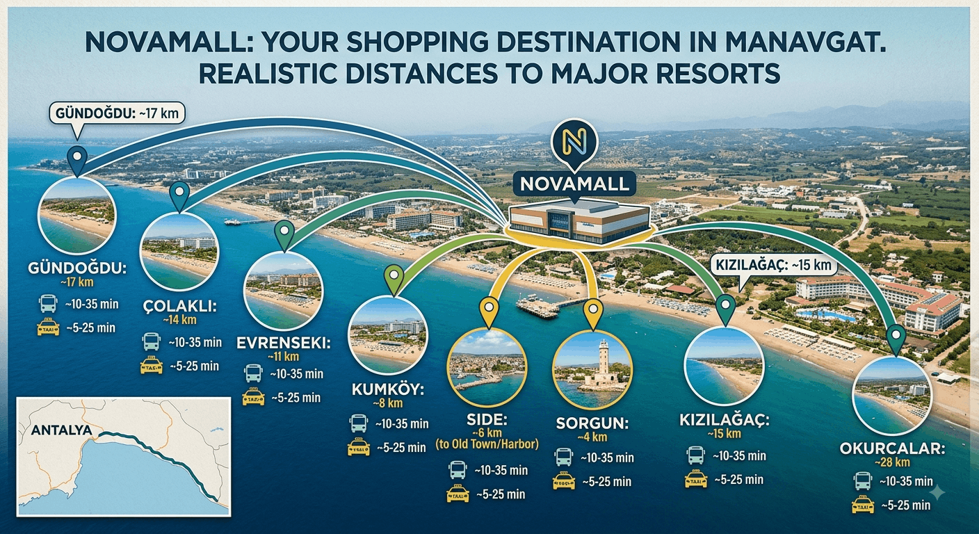 Novamall Manavgat Side 2 Distance guide showing how far NovaMall Manavgat is from Side, Colakli and Okurcalar