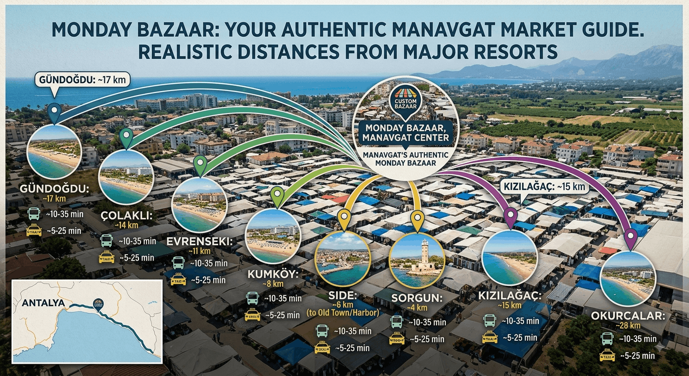 Map showing distance from Side, Sorgun, Kumköy and Çolaklı to Manavgat Monday Bazaar