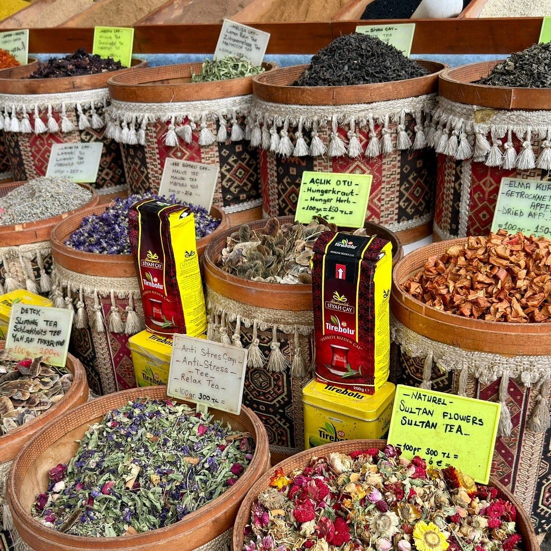 Colorful spice stalls at Manavgat Monday Bazaar in Turkey