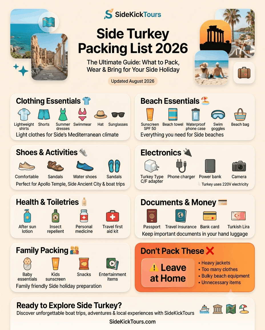 Side Turkey Packing List 2026 infographic showing what to pack for Side beaches, ancient ruins and Mediterranean holiday